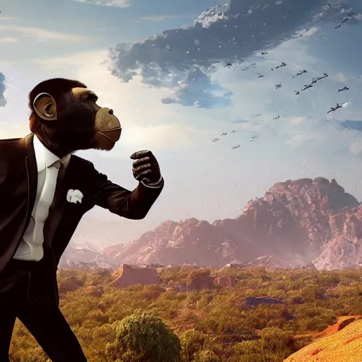 Image similar to Monkey in a suit landscape by Maciej Kuciara, 8k ultra high definition, upscaled, perfect composition , golden ratio, image credit nat geo