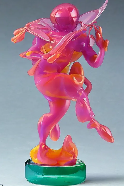 Prompt: a fat jelly super detailed anime figurine with fluo color detail, and muted arm colors, that looks like a insect, on top of a painting of plastic synthetic ionized metal flower sculptures