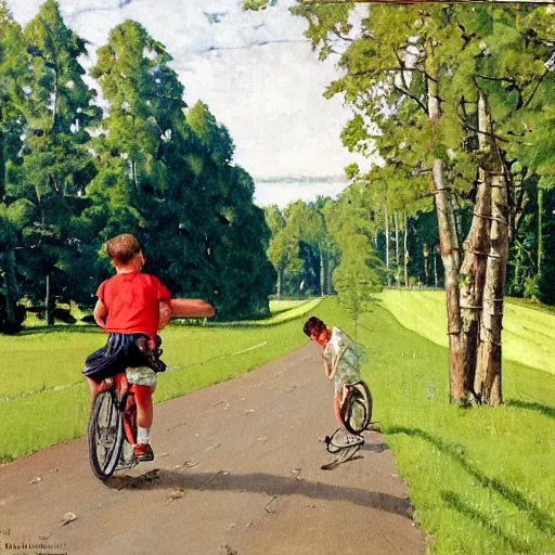 Prompt: A painting in the style of Norman Rockwell of a boy trying to learn to ride a bike. His father is holding the bike to help. The road is lined with tall trees, A farm can be seen in the background. A dog is close by