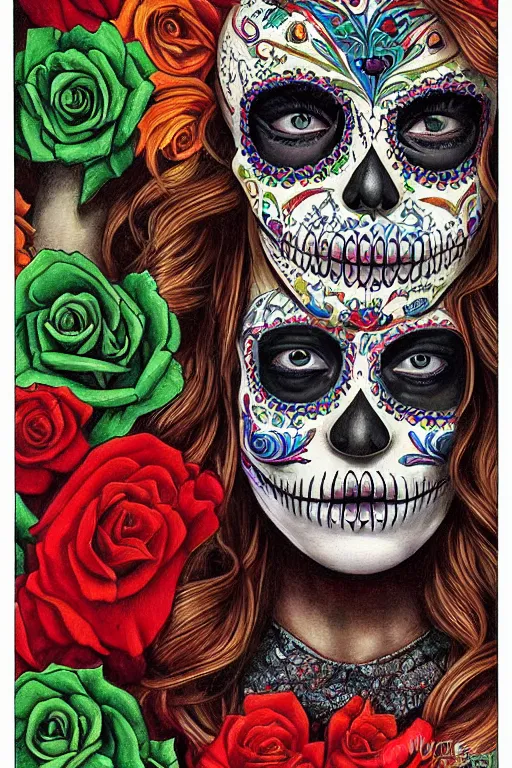 Image similar to Illustration of a sugar skull day of the dead girl, art by michael cheval