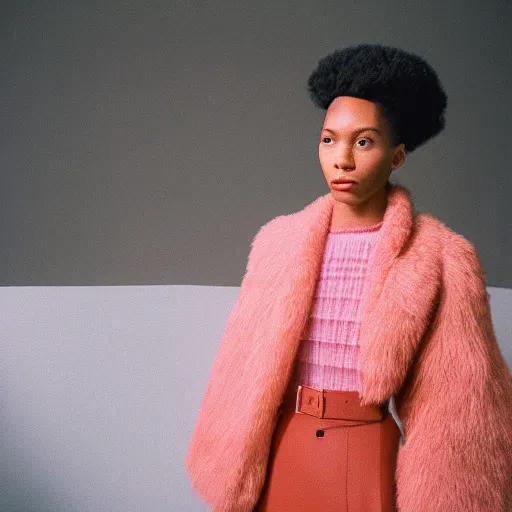 Image similar to realistic photoshooting for a new balenciaga lookbook, color film photography, portrait of a beautiful woman, set design by wes anderson, in style of Tyler Mitchell, 35mm,