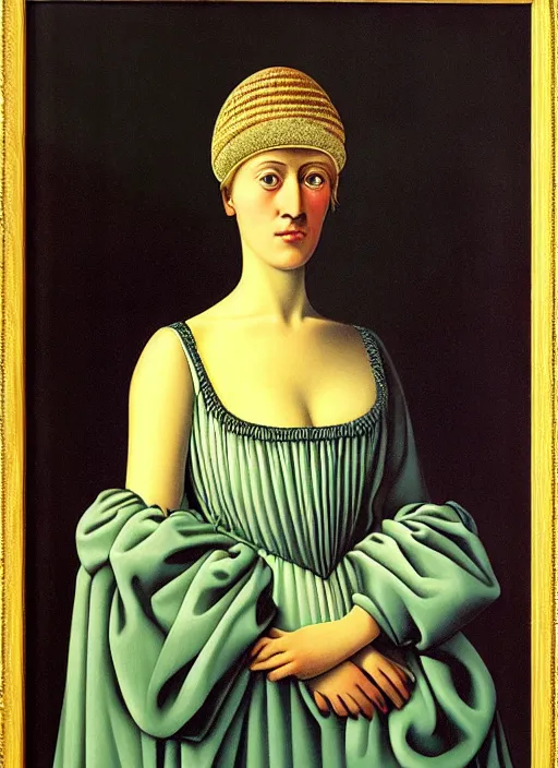 Prompt: portrait of young woman in renaissance dress and renaissance headdress, art by rene magritte