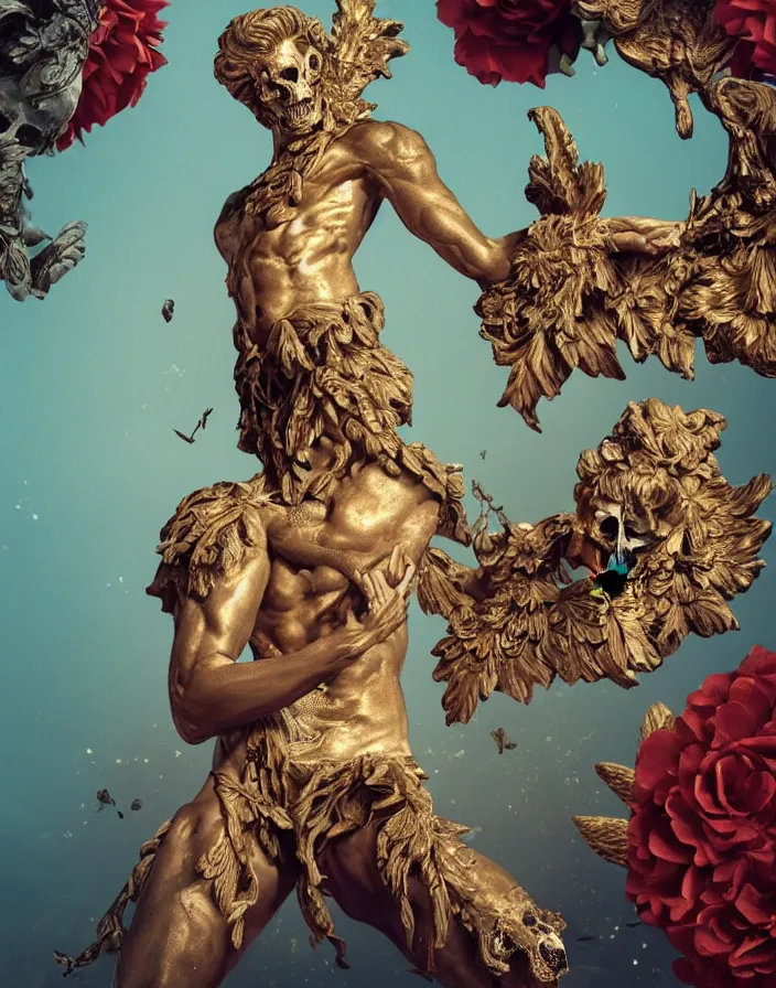 Prompt: man in the form of a Greek sculpture, full length view, stands by golden stone, birds, skulls, flowers. baroque elements, human skull. intricate artwork by artstation. halo. octane render, cinematic, hyper realism, octane render, 8k, depth of field, bokeh. iridescent accents. vibrant. teal and gold and red colour scheme