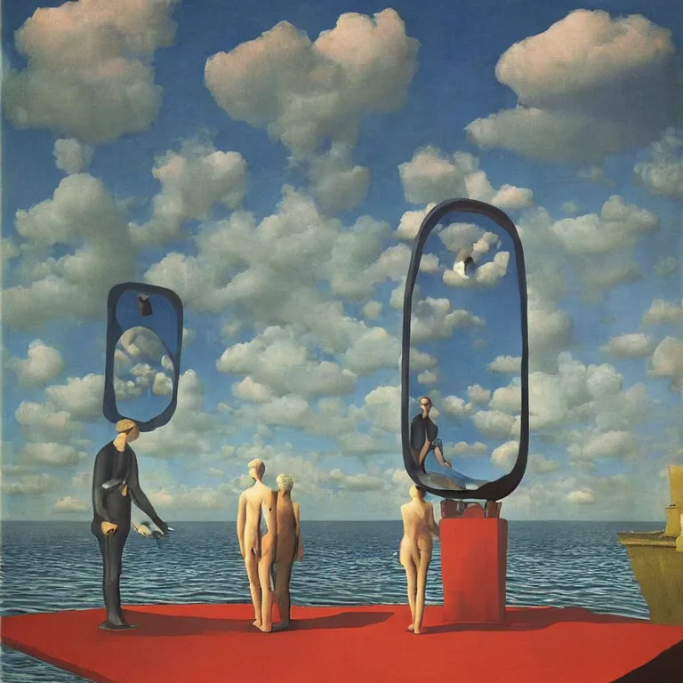 Prompt: A Monumental Public Sculpture of a 'Large Cyborg Mirror Portal made of Ceramic Mushrooms ' on a pedestal by the Sea, surreal colorful oil painting by Rene Magritte and Max Ernst shocking detail hyperrealistic!! Cinematic lighting