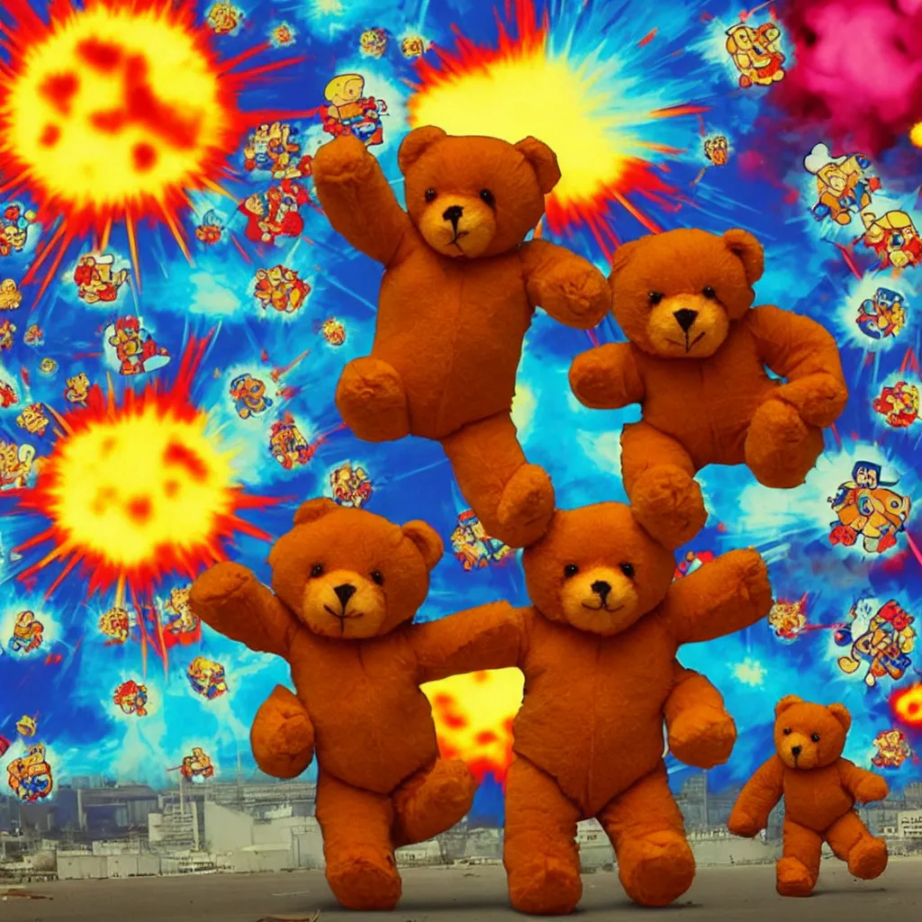 Image similar to a lot of teddy bears fights in epic battle, background a nuclear toxic multi - colored explosion in big town, psychedelic