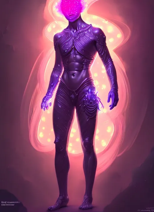 Prompt: a faceless masculine humanoid liquefied stardust adventurer, dnd fantasy character, full body portrait, glowing neon skin, magical aura, ultra realistic, intricate, elegant, highly detailed, digital painting, artstation, smooth, sharp, focus, illustration, art by artgerm and greg rutkowski and alphonse mucha