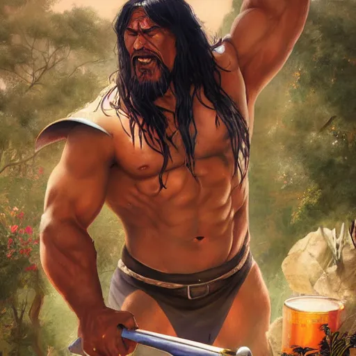 Image similar to a hyper realistic keyframe of a cartoon character brought to the real world, a combination of a beefy conan the barbarian and a warlock with a kind heart, the setting is a normal suburban backyard by Huang Guangjian and Gil Elvgren and Sachin Teng 8k,