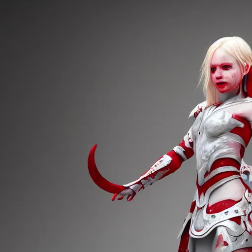 Prompt: albino girl in a ornated armor pagan facepaint, dynamic pose, detailed, photograph, award wining, red and white, trending on artstation, 4 k, unreal engine 5, octane render, neon highlights