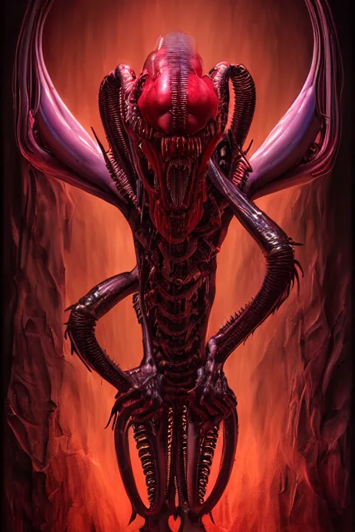 Image similar to horrifying cinematic neon acid biomechanical xenomorph poster, hybrid from doom and art direction by h r giger ; by artgerm ; wayne reynolds art station ; cinematic quality character render ; low angle ; ultra high quality model ; production quality cinema model ;