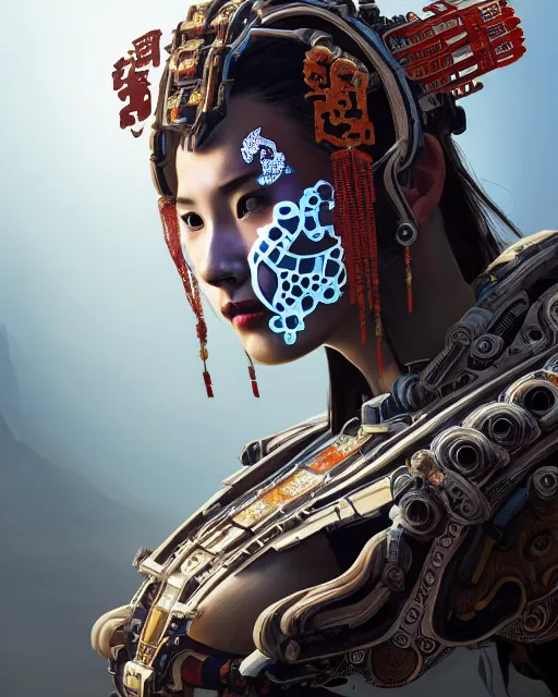 Image similar to portrait of a machine from horizon zero dawn, machine face, upper body, decorated with chinese opera motifs, asian, traditional chinese art, intricate, elegant, highly detailed, digital painting, artstation, concept art, smooth, sharp focus, illustration, art by artgerm and greg rutkowski and alphonse mucha, 8 k