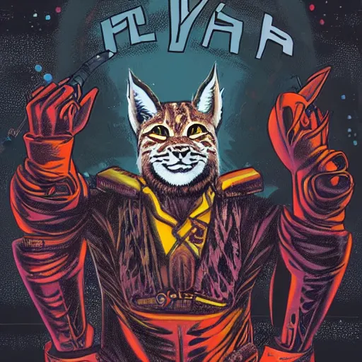 Prompt: lynx - headed space pirate, science fiction, pulp sci fi, heavy metal magazine, illustration