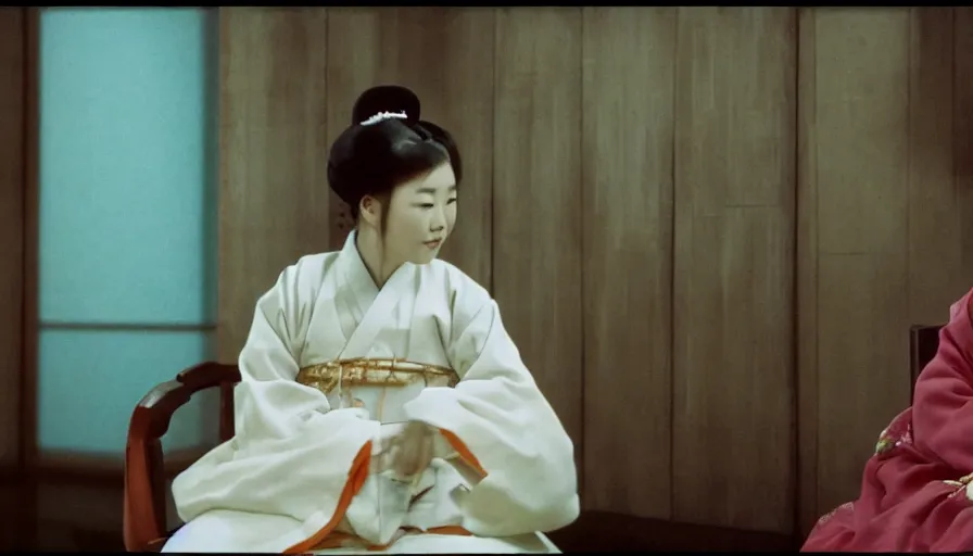 Prompt: a filmstill of a woman in a hanbok sitting on a couch, traditional korean interior, kaiju starfish shadow behind a screen door, cinematography by Akira Kurosawa