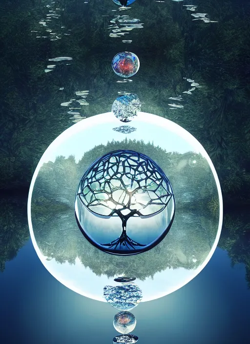 Image similar to transparent horizontally centered crystal sphere floating over a serene lake, tree of life inside the ball, intricate details, radiant light, reflections on the water, ripples, moody sky, hyperdetailed illustration by yuumei, by mark brooks, john harris, artstation, low global light, coherent composition