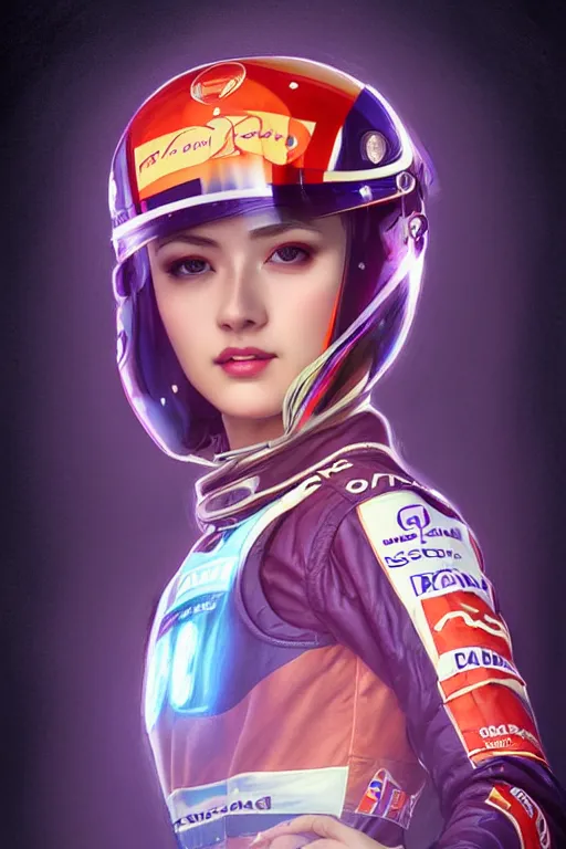 Image similar to portrait beautiful female f1 racer, wearing f1 racer uniform, at racer track, formula one car, ssci-fi, fantasy, intricate, very very beautiful, elegant, human anatomy, neon light, highly detailed, digital painting, artstation, concept art, soft light, smooth, sharp focus, illustration, art by tian zi and WLOP and alphonse mucha