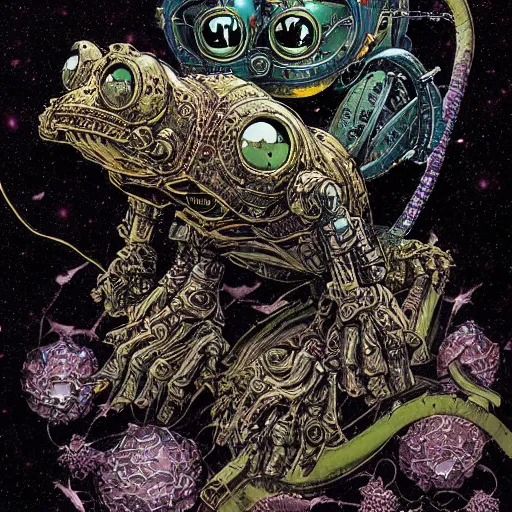 Image similar to dark robotic frog, by yoichi hatakenaka, masamune shirow, josan gonzales and dan mumford, ayami kojima, takato yamamoto, barclay shaw, karol bak