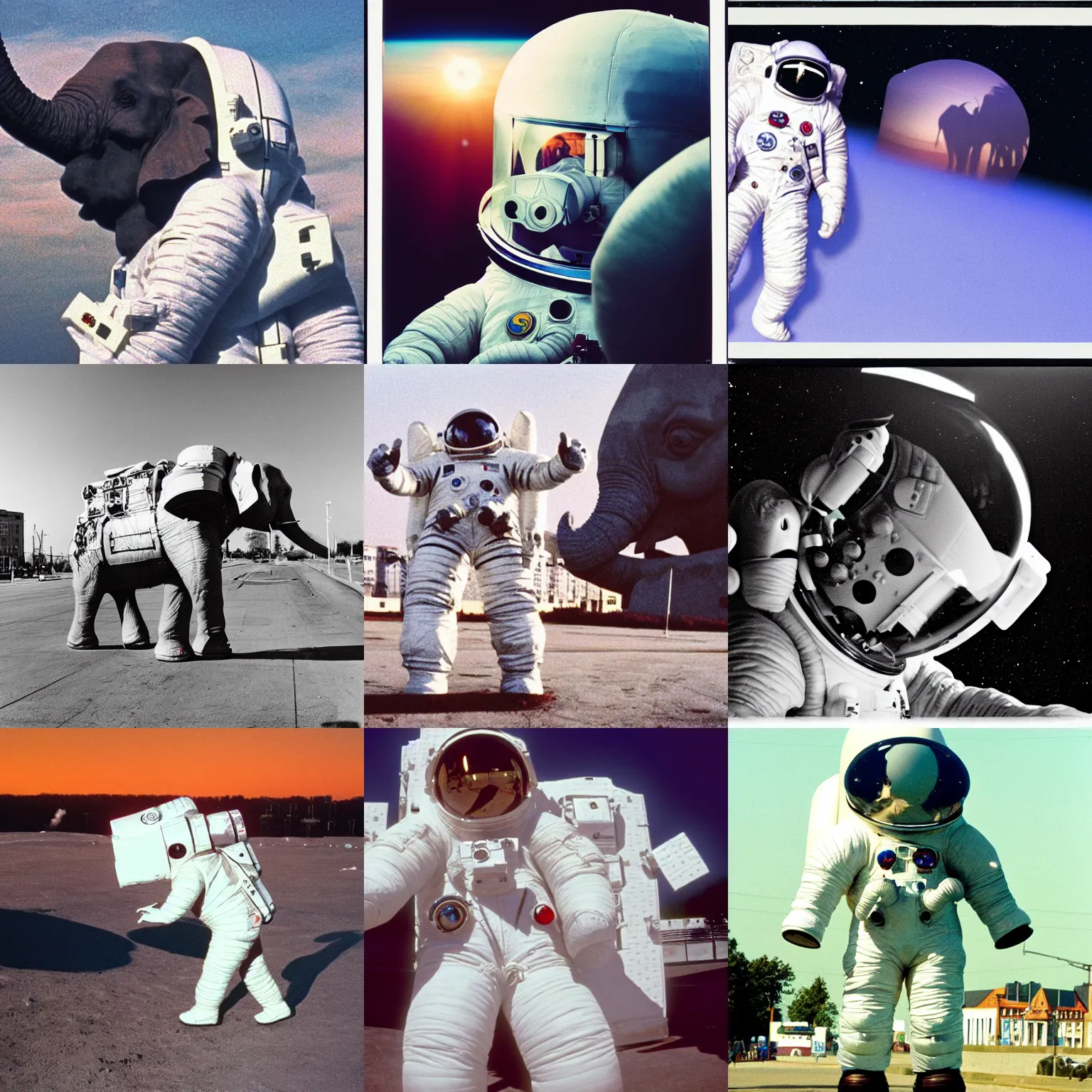 Prompt: 8 mm film still, giant elephant wearing white custom made american spacesuit with oversized giant helmet as astronaut animal, in legnica, sunrise, by vhs camcoder
