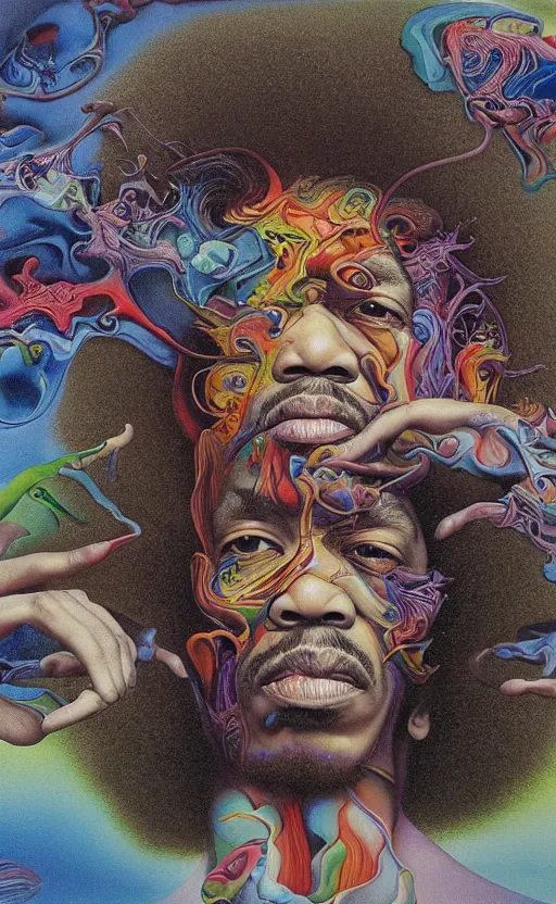 Image similar to ultrawide angle colour masterpiece surreal closeup portrait photography of jimi hendrix playing on stage by miho hirano and annie leibovitz and michael cheval, weird surreal epic psychedelic complex biomorphic 3 d fractal landscape in background by kilian eng and roger dean and salvador dali and beksinski, 8 k