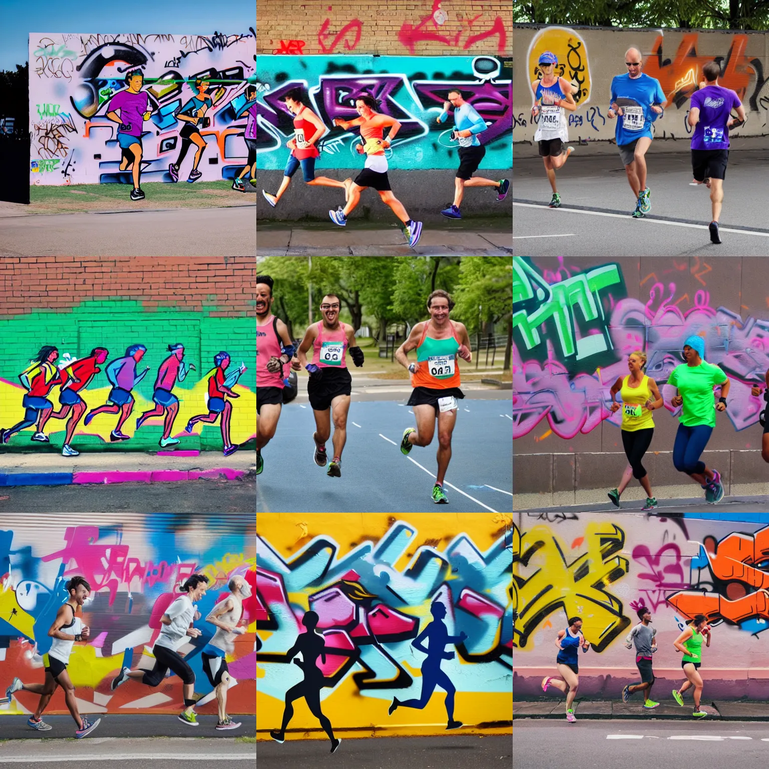 Prompt: a graffiti of three people running a marathon