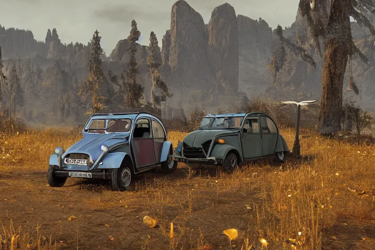 Image similar to offroad citroen 2 cv ( 1 9 6 5 ) driving across the rift, daedric longsword attached to the side, leather and cloth traveller bags on roof, riften city in the background, epic fantasy, autumn, the elder scrolls v : skyrim, dramatic lighting, establishing shot, by simon stalenhag