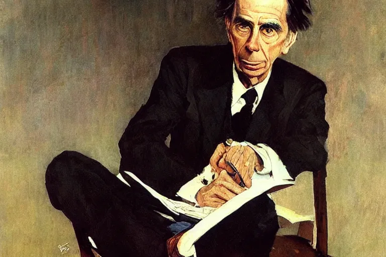 Prompt: “portrait of Bertrand Russell as secret agent, by Robert McGinnis”