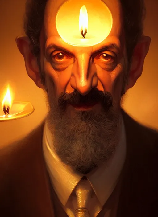 Image similar to portrait of havelock vetinari, discworld, intricate, elegant, candle light, highly detailed, digital painting, artstation, concept art, smooth, sharp focus, illustration, art by wlop, mars ravelo and greg rutkowski