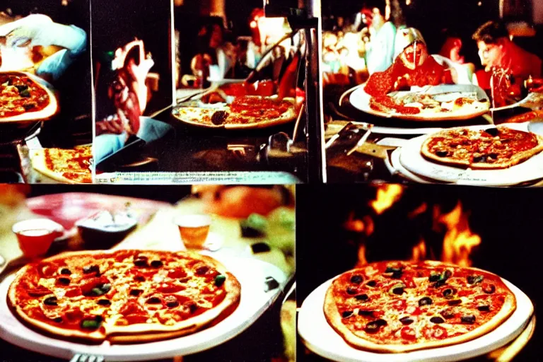 Image similar to pizza aspic in cyberspace, in 1 9 8 5, food photography, y 2 k cybercore, industrial low - light photography, still from a ridley scott movie