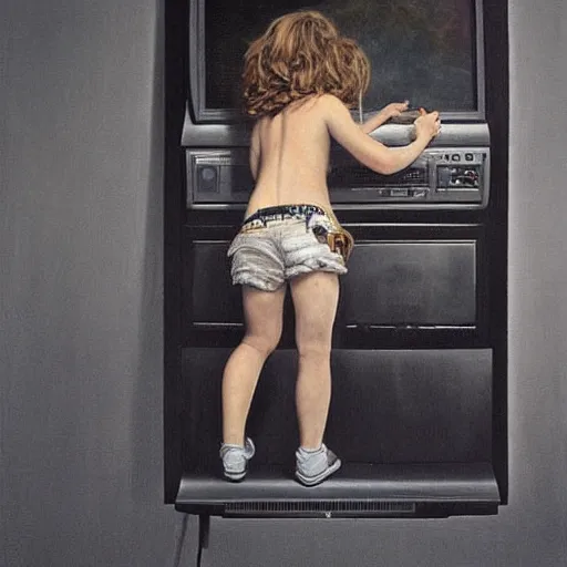 Prompt: a striking hyper real painting of a girl climbing out of a grainy TV, dark, metal, occult, by Edward Hughes