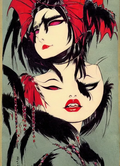 Image similar to mighty female korean vampiress, jeweled headdress, heavy mascara, strong line, saturated color, beautiful! coherent! by frank frazetta, high contrast, minimalism