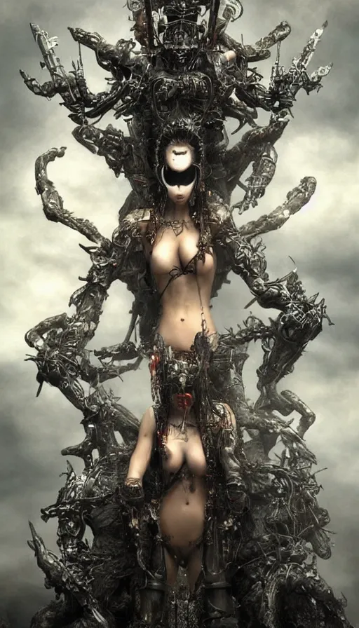 Image similar to beautiul girl wearing japanese masks 1 0 arms and mechanic hand reaching to a throne salvation epic cinematic by luis royo, pascal blanche, helmut newton and thu berchs, trending on artstation.