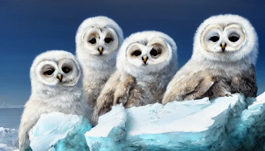 Prompt: highly detailed painting of cute furry white baby seal owls with big furry antlers cuddling into each other on a blue and white iceberg by william turner, by greg rutkowski, by william constable, thick brush strokes and visible paint layers, 4 k resolution