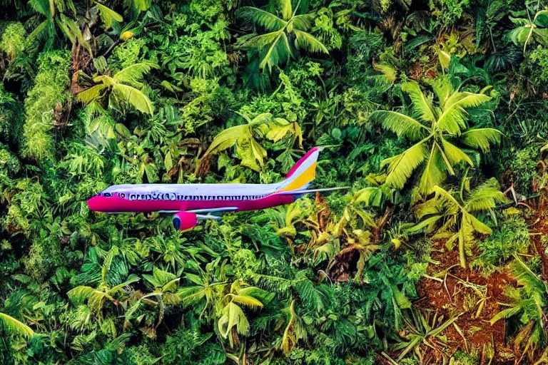 Prompt: bottom up shot of plane dropping smartphones in the jungle by jill charuk, colorful, highly detailed, decollage 4 k