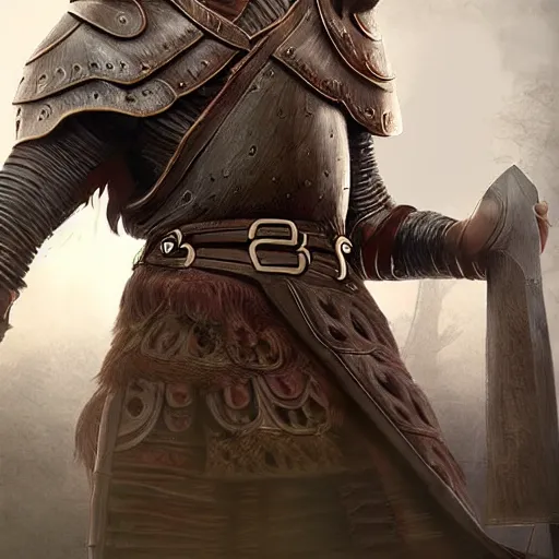Image similar to a tall giant with arms that dangle all the way down to his feet, he is wearing a bronze chest plate and a Viking helmet. Epic digital art