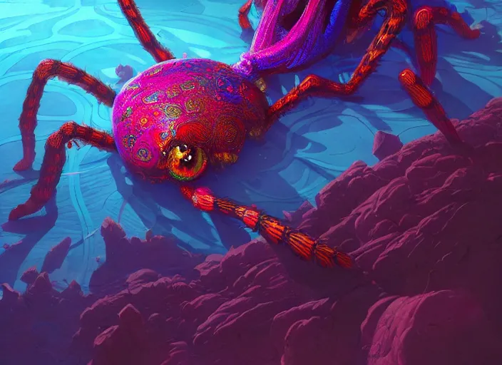 Prompt: A psychedelic portrait of nereid fiendish giant spider , vibrant color scheme, highly detailed, in the style of romanticism, cinematic, artstation, Moebius, Greg rutkowski