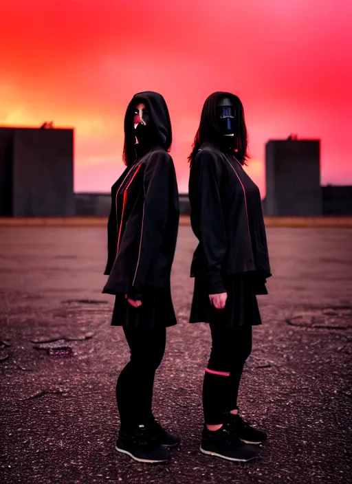 Image similar to cinestill 5 0 d photograph of 2 women wearing black techwear in front of a brutalist sharp - edged metal building, closeup, on a desolate plain with a red sky, dystopia, cyberpunk, 4 k, 8 k, depth of field, high resolution, realistic faces, hd, raw