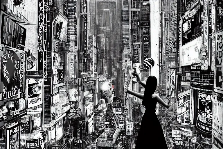 Image similar to an intricate, awe inspiring cyberpunk illustration of a girl with balloon, Times Square, by Ansel Adams ((black and white))