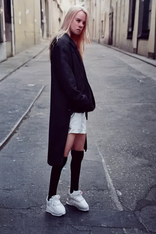 Image similar to high quality realistic street photo of girl, blond hair, clothes in the style of 1 9 9 0, sneakers, lowered socks, loose coat ; kodak ektar, 2 0 0 iso, 3 5 mm lens, bill henson style beautiful chiaroscuro lighting, beautiful colour palette, beautiful and realistic, wide shot