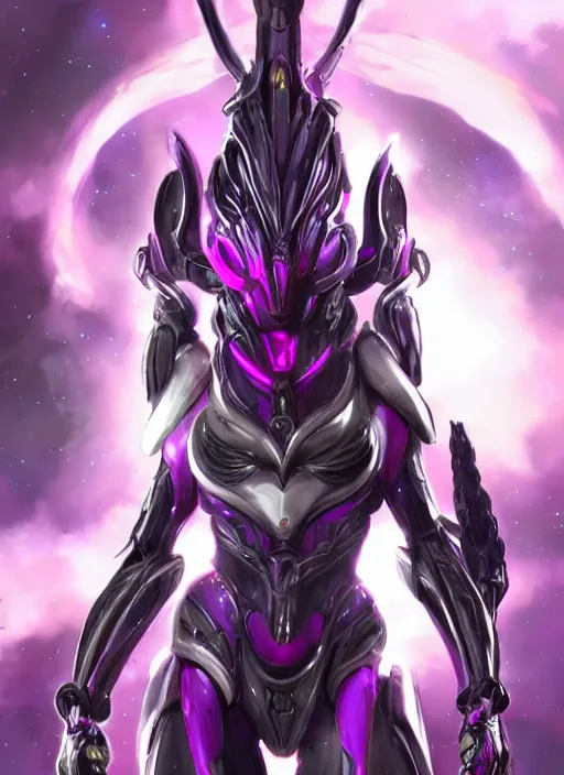 Image similar to cinematic close shot, galactic sized goddess, proportional stunning beautiful hot female warframe, sleek mecha female dragon head, metal ears, led purple eyes, smooth fuschia skin, smooth silver armor, floating in space, holding a galaxy, epic proportions, epic size, epic scale, furry art, dragon art, giantess art, warframe fanart, furaffinity, octane