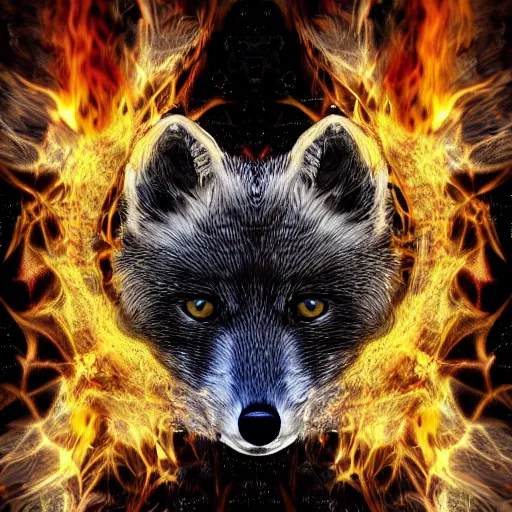 Prompt: surrealistic arctic fox bring fire and destruction to the world photorealistic symmetrical detailed fractal