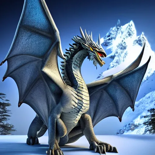 Image similar to High quality, beautiful and majestic western dragon in the mountains surrounded by snow and trees with wings spread out to the side while roaring, ultra high quality, 3d rendering, award-winning