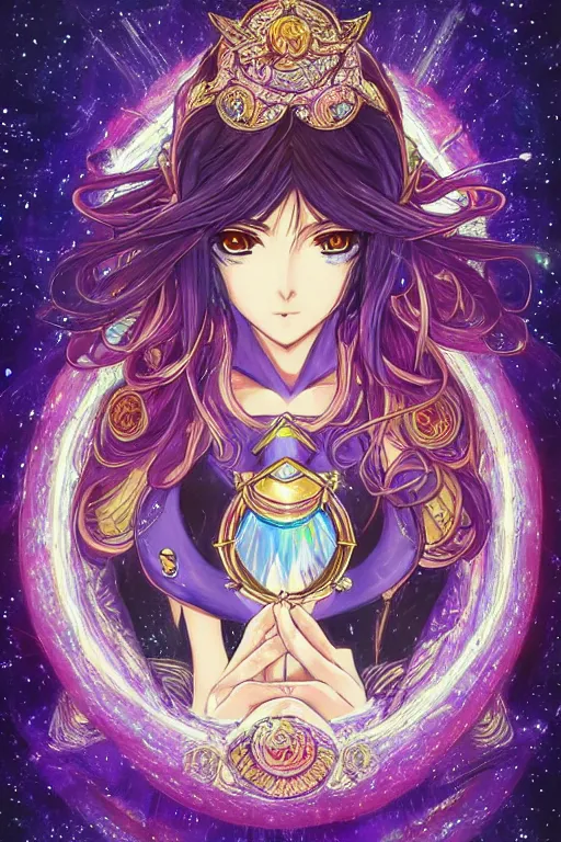 Image similar to psychedelic, intricate, highly detailed, anime, 4k, beautiful seductive lucina from fire emblem holding a crystal containing the universe, with professional makeup, long trippy hair, surrounded by gems, underneath the stars, trending on patreon, deviantart, twitter, artstation, volumetric lighting, heavy contrast, by artgerm and Ilya Kuvshinov and alphonse mucha
