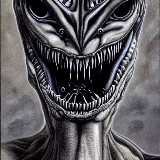 Image similar to alien trump, sharpt teeth, by h. r. giger, nightmare fuel, nightmarish, intricate, highly detailed, optical illusion, president trump