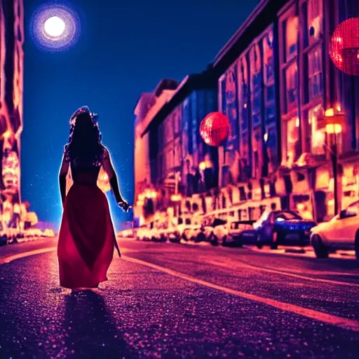 Prompt: princess dancing in the street during the night with a blue and red moon shining on the city, blue and warm lights, radiant light