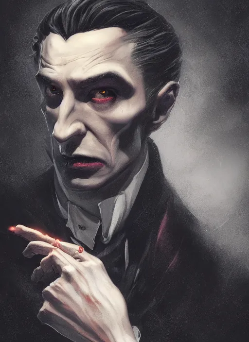 Prompt: highly detailed portrait of count dracula by mike mignola, tom bagshaw artgerm and ross tran, beautiful dramatic dark moody lighting, volumetric, cinematic atmosphere, photorealism, glossy magazine painting, global illumination, deep color, 8 k resolution, high details, flickr, dslr, z brushcentral, cgsociety, artstation