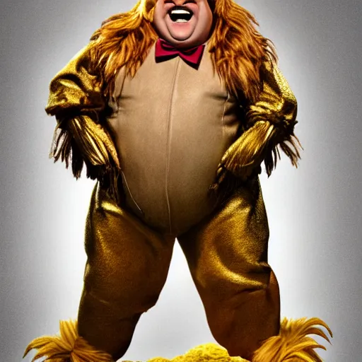 Image similar to snl chris farley as the cowardly lion of oz, studio poster photography, trending on artstation, featured on deviantart, award winning costume