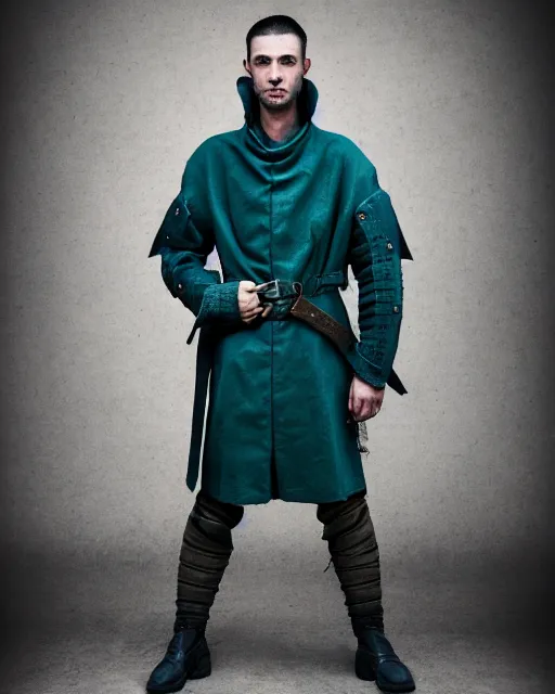 Prompt: an award - winning photo of an ancient male model wearing a plain baggy teal distressed medieval designer menswear military jacket slightly inspired by medieval armor designed by alexander mcqueen, 4 k, studio lighting, wide angle lens