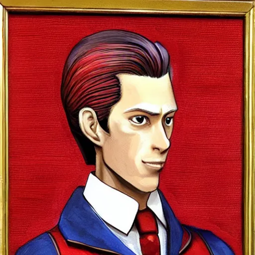 Prompt: a highly detailed portrait of miles edgeworth from ace attorney, inside a room with thick red tapestries, oil painting