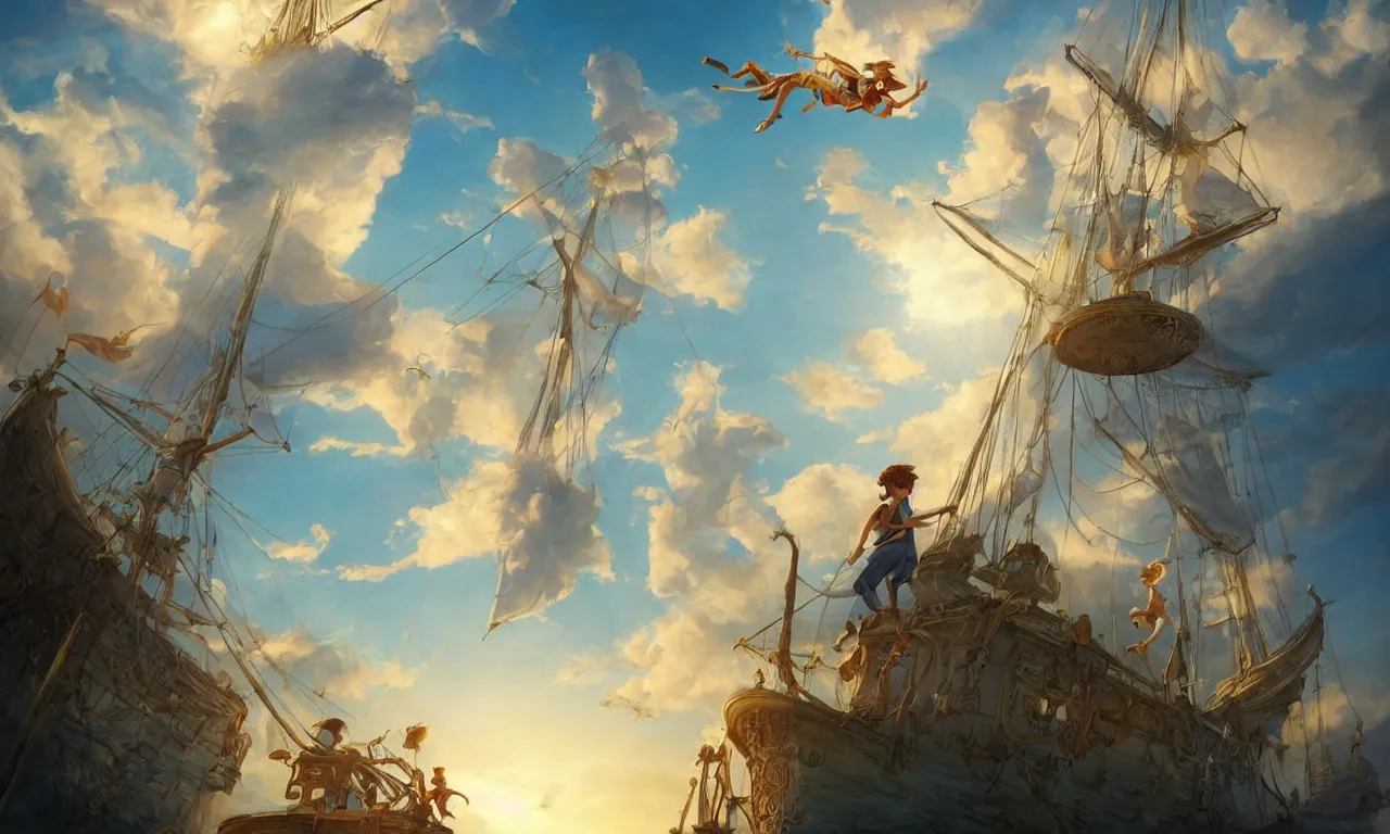 Image similar to a beautiful digital painting of peter pan and the lost boys, disney, a white caravel flying in the clouds, birds in the sunlight, numerous golden ropes and sails, blue sky at sunset, elegant, highly detailed, artstation, concept art, matte, sharp focus, art by tom bagshaw, kelogsloops and greg rutkowski