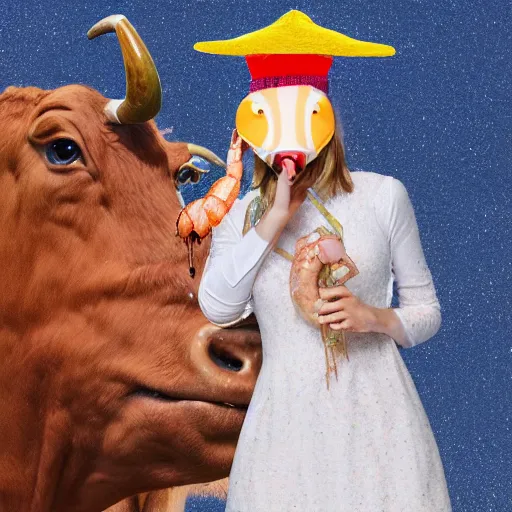 Image similar to a well dressed milkshake wearing a dress next to a brilliant shrimp wearing an academic cap inside the mouth of a cow, digital art, photorealistic