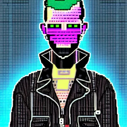 Image similar to neonpunk anarchist with mohawk and cyber implants on face, fuming, angry, grinning, pixel art