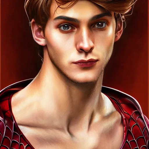 Image similar to portrait of a young spiderman handsome but joyful anthropomorphic parrot, male, masculine, upper body, red hair, long hair, d & d, fantasy, fierce, sharp features, intricate, elegant, highly detailed, digital painting, artstation, concept art, matte, sharp focus, illustration, art by artgerm and greg rutkowski and alphonse mucha